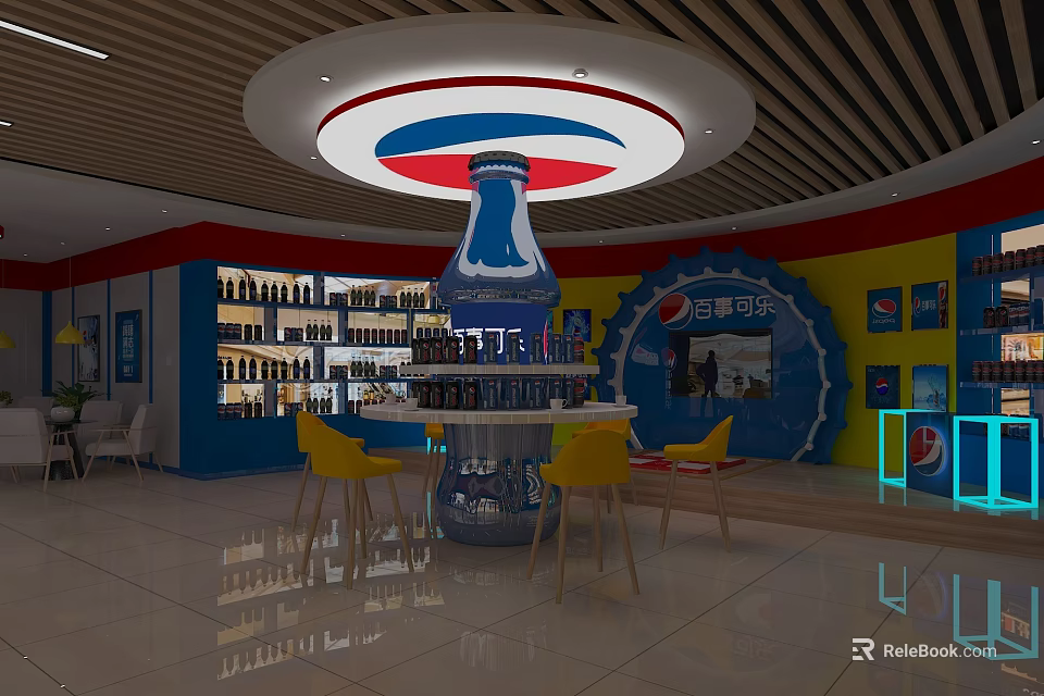 Pepsi Themed Store Interior With Large Display Bottle Yellow Chairs And Drinks Shelves 3d model