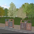 Public Trash Bins For Recycling In Park With Green Trees And Grass