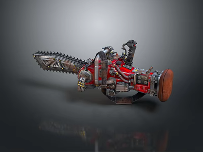 Red Mechanical Chainsaw With Complex Metal Structure And Sharp Cutting Blade 3d model