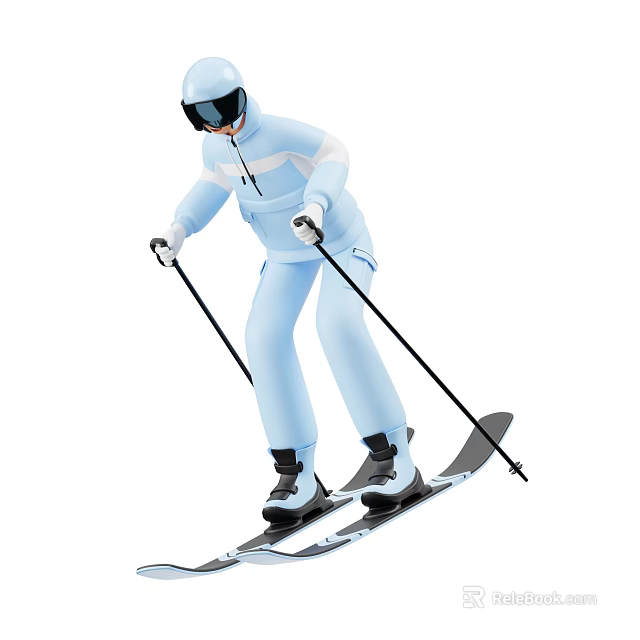 Game Movie Character In Light Blue Ski Suit Helmet Goggles Skiing With Poles And Skis 3d model 
