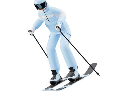 Game Movie Character In Light Blue Ski Suit Helmet Goggles Skiing With Poles And Skis 3d model