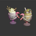Two Glass Cups of Ice Cream with Whipped Cream Chocolate Sticks and Colorful Toppings