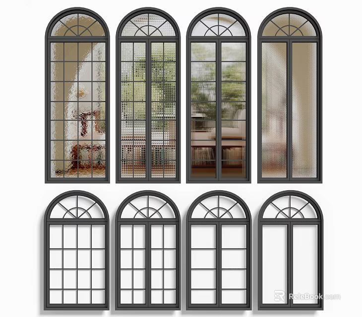 Various Arched Window Designs With Grid Patterns And Glass Styles For Home 3d model