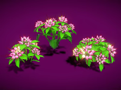 Vibrant Plant Clusters With Pink Flowers And Green Leaves On Purple Background 3d model