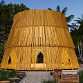 Wooden Circular Landscape Pavilion Surrounded by Palm Trees and Greenery with Gravel Pathway