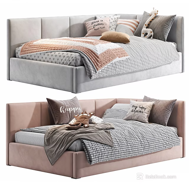 Modern Cozy Children's Bed with Gray Pink Frame Checkered Bedding Soft Pillows and Plush Toys 3d model 