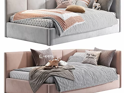 Modern Cozy Children's Bed with Gray Pink Frame Checkered Bedding Soft Pillows and Plush Toys 3d model