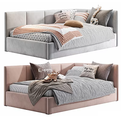 Modern Cozy Children's Bed with Gray Pink Frame Checkered Bedding Soft Pillows and Plush Toys 3d model