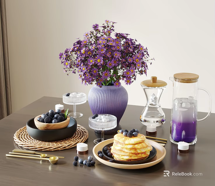 Tableware Set with Purple Vase Flowers Woven Placemats Blueberries Pancakes Glass Jars Wooden Lids 3d model 