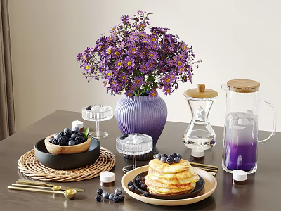 Tableware Set with Purple Vase Flowers Woven Placemats Blueberries Pancakes Glass Jars Wooden Lids 3d model