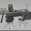 Modern Office Desk With Laptop Documents Pen Potted Plant And Three Office Chairs