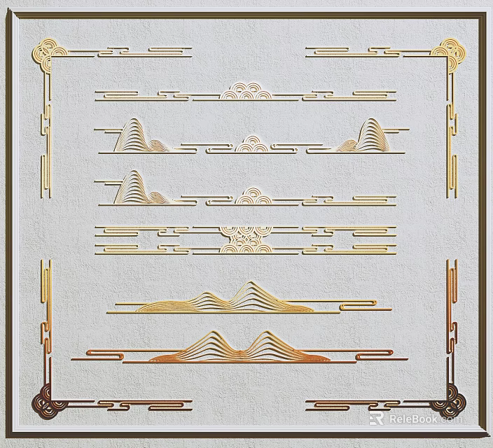 Elegant Metallic Carving Patterns With Geometric And Mountain Shaped Designs For Decorative Frames 3d model 