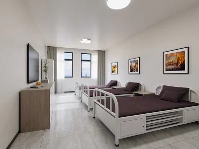 Clean Shared Dormitory Room With Three Beds White Frames And Wall Paintings 3d model