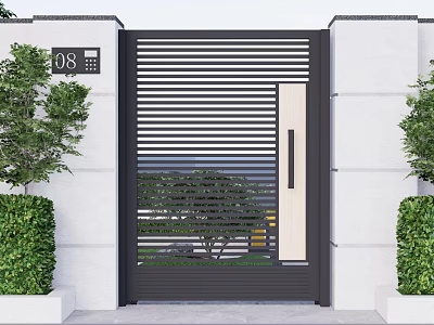Modern Luxury Gate Design With D8 Number Plate And Green Shrubs On White Wall 3d model