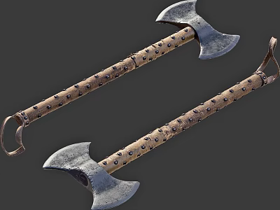 Traditional Battle Axes with Wooden Riveted Handles Metal Heads and Loop Ends 3d model