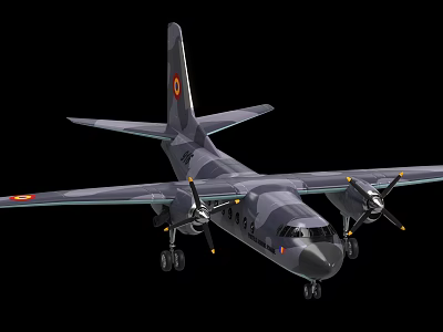 Camouflaged Military Transport Aircraft With Twin Propellers Extended Landing Gear On Black Background 3d model