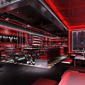Sleek Bar Interior Featuring Red Lighting Black Decor Bar Counter And Drink Shelves