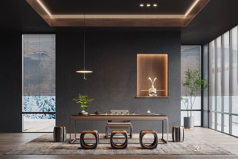 Modern Tea Room Interior Design With Long Table Round Stools Wooden Ceiling And Green Plants 3d model 