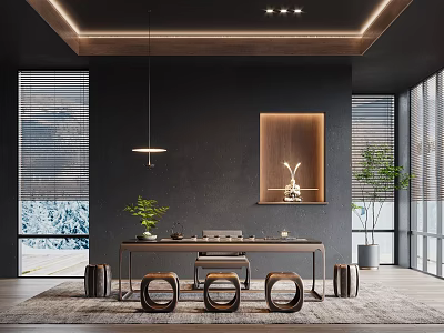 Modern Tea Room Interior Design With Long Table Round Stools Wooden Ceiling And Green Plants 3d model