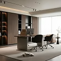 Modern Office Interior Featuring Desk Ergonomic Chairs Bookshelves Sofa And Potted Plant