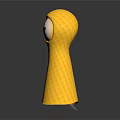 Yellow Checkered Raincoat Doll With White Face And Black Eyes Standing On Reflective Black Background