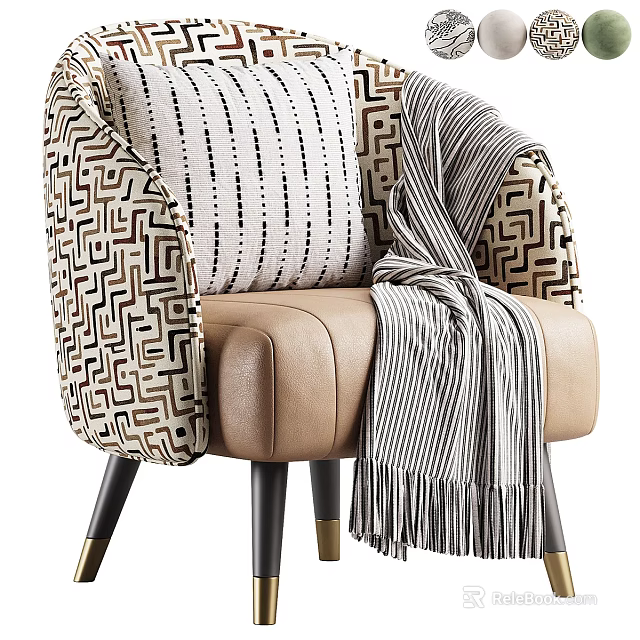 Geometric Pattern Accent Chair With Leather Seat Black Legs Gold Accents And Striped Throw Blanket 3d model 