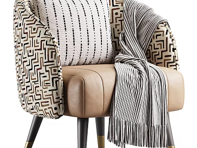 Geometric Pattern Accent Chair With Leather Seat Black Legs Gold Accents And Striped Throw Blanket 3d model