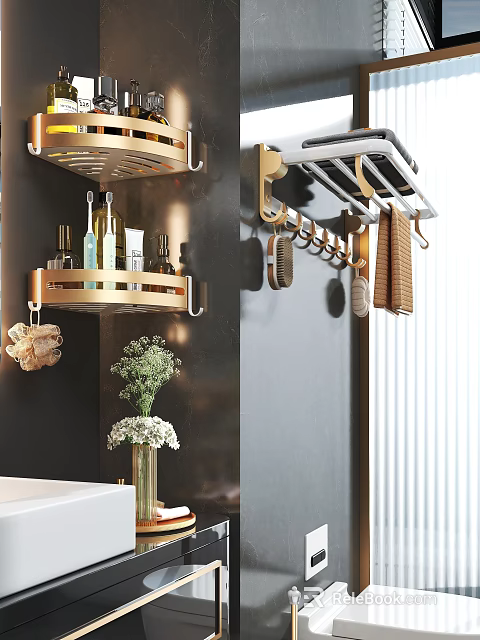 Gold Wall Mounted Bathroom Cabinet Rack With Multi Tier Storage And Hanging Hooks 3d model 