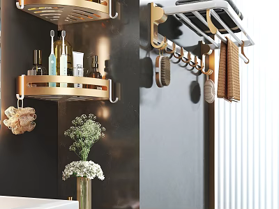 Gold Wall Mounted Bathroom Cabinet Rack With Multi Tier Storage And Hanging Hooks 3d model