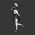Cute 3D Child Character Wearing School Uniform Pink Black Skirt Waving Hand Peace Sign Gesture