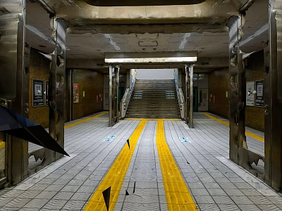 Subway Station Interior With Metallic Pillars Staircase Yellow Lines And Tiled Floor 3d model