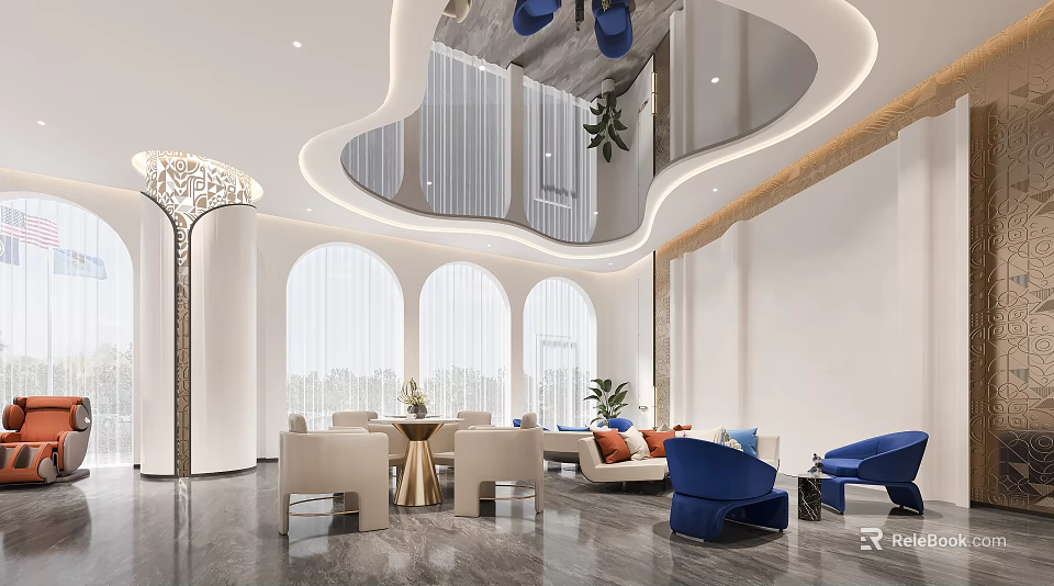 Modern Station Interior With Open Layout Arched Windows Sofas And Green Plants 3d model 