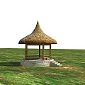Traditional Thatched Roof Pavilion With Stone Base And Steps On Grassland
