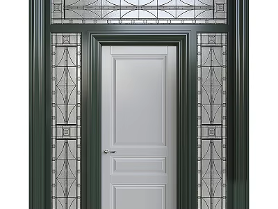 Elegant White Panel Swing Door With Dark Green Frame And Geometric Glass Design 3d model