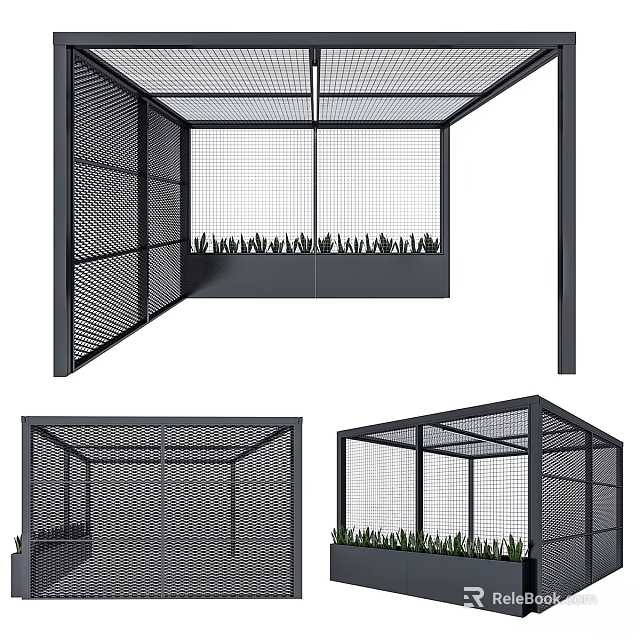 Modern Architectural Components With Metal Grid Design And Planter Box For Green Plants 3d model 