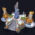 Cartoon Scene With Central Blue Lightning Rock Golden Pillars Circular Pools Steps And Green Plants