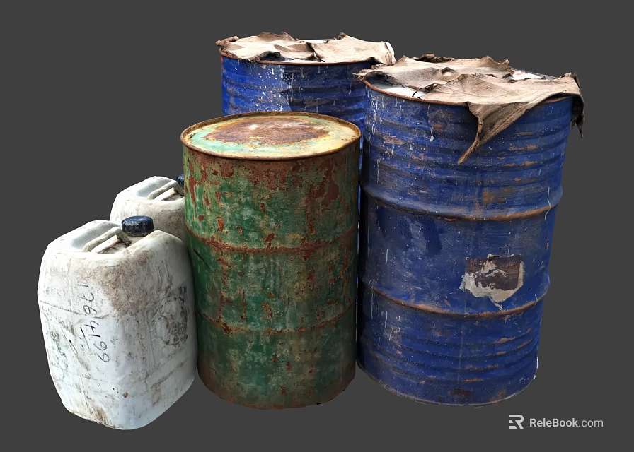 Old Rusty Barrels And Blue Drums With White Jerry Can For Industrial Storage 3d model 