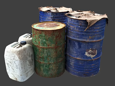 Old Rusty Barrels And Blue Drums With White Jerry Can For Industrial Storage 3d model