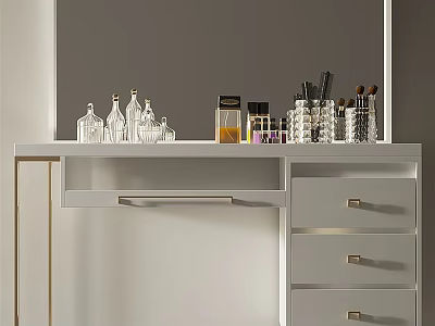 Modern Dressing Table With White Countertop Golden Legs Drawers And Cosmetic Bottles 3d model