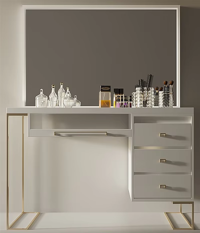 Modern Dressing Table With White Countertop Golden Legs Drawers And Cosmetic Bottles 3d model