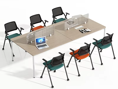 Modern Office Desk With Dividers Laptop And Multi Colored Chairs Setup 3d model