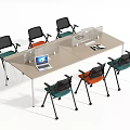 Modern Office Desk With Dividers Laptop And Multi Colored Chairs Setup