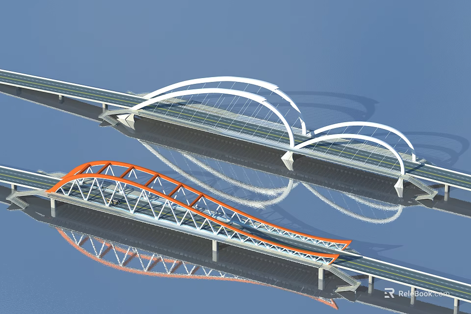 Modern Arch And Truss Bridges With White Orange Structures And Water Reflection 3d model 