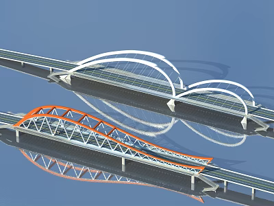 Modern Arch And Truss Bridges With White Orange Structures And Water Reflection 3d model
