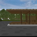 Wooden Pergola with Roof and Wooden Benches on Stone Patio Surrounded by Green Trees