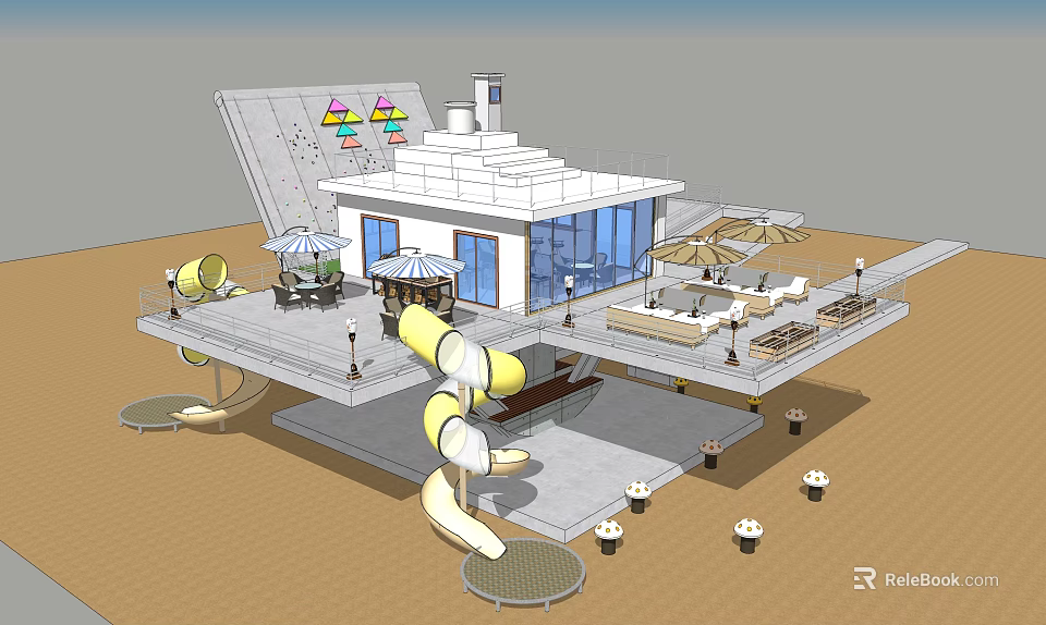 Vibrant Children's Play Area Design With Spiral Slide And Shade Umbrellas White Building Platform 3d model 