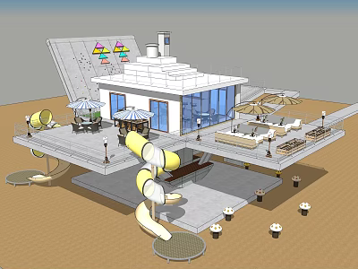 Vibrant Children's Play Area Design With Spiral Slide And Shade Umbrellas White Building Platform 3d model