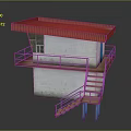 Small Building With Red Roof White Walls Blue Railings Staircase And Small Window