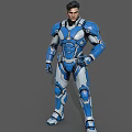 Men In Blue White And Gray Armored Suits Standing Pose Design