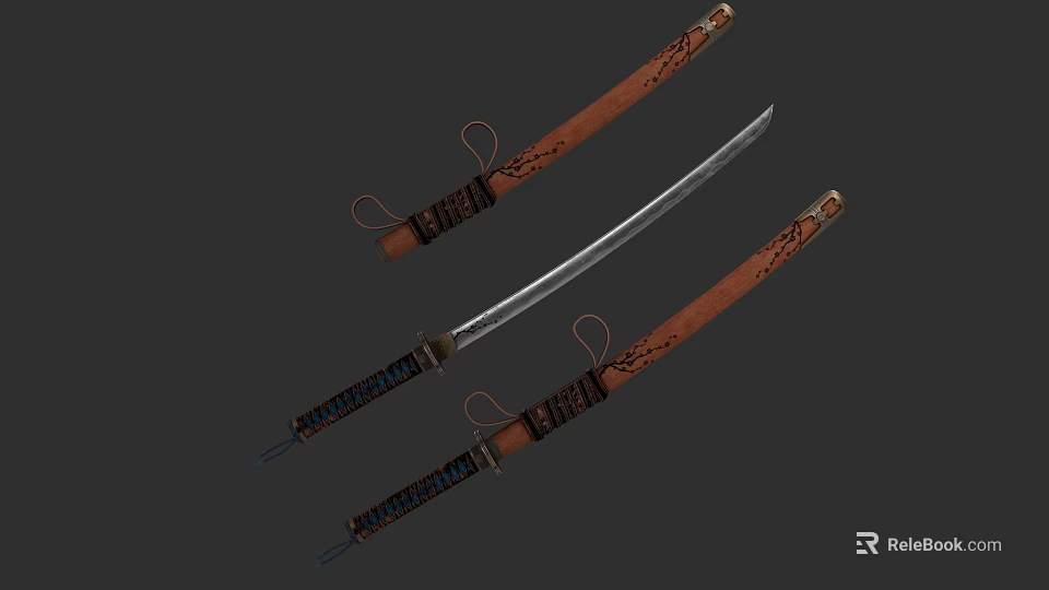 Traditional Samurai Swords With Leather Sheaths And Intricate Decorative Patterns 3d model 
